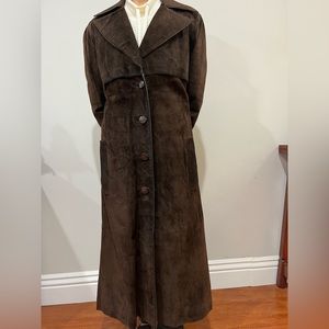 Celine vintage dark brown suede coat with leather trimming